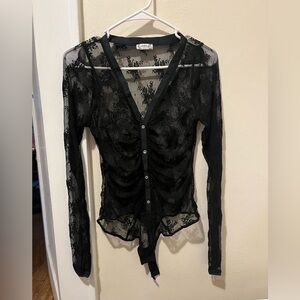 Free People Black Lace Button-Up Bodysuit